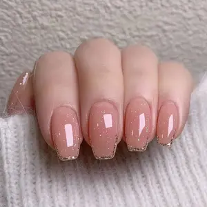 24 Pieces Short Ballet Nail Tips in Nude Glitter, Removable Press-On Artificial Nails for Easy Wear, Semi-Handmade Design for Elegant Style, Translucent Glitter