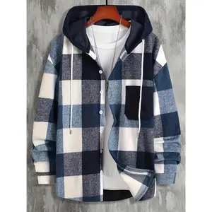 Lightweight Plaid Hooded Jacket — Lightweight polyester men’s casual plaid hooded jacket — button-up with drawstring and chest pocket, contrast color design for spring/fall