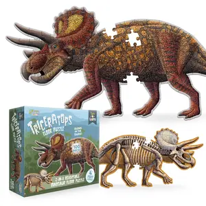 Turn N Learn Triceratops Dinosaur Jigsaw Puzzle - 100-Piece Double-Sided Floor Puzzle with Glow-in-the-Dark Skeleton, 4FT Length, 4-Year Age Range