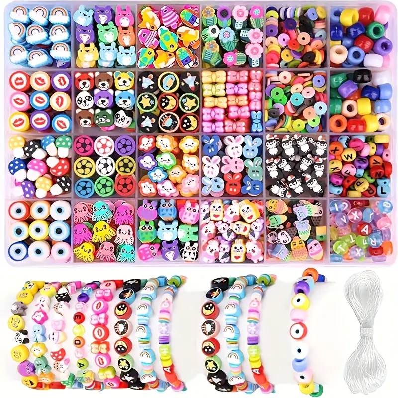 1000pcs Pre-Drilled Assorted Polymer Clay Beads Kit - 24 Fun Patterns, 28-Grid Cartoon Fruit Flower Animal Beads, Fade-Resistant Beginner-Friendly Crafting Supplies, Colored Elastic Beading Kits for DIY Enthusiasts (Polymer Clay Ideas Included)
