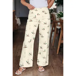 Beige Stylish Mallard Printed Cuffed Hem Shift Jeans