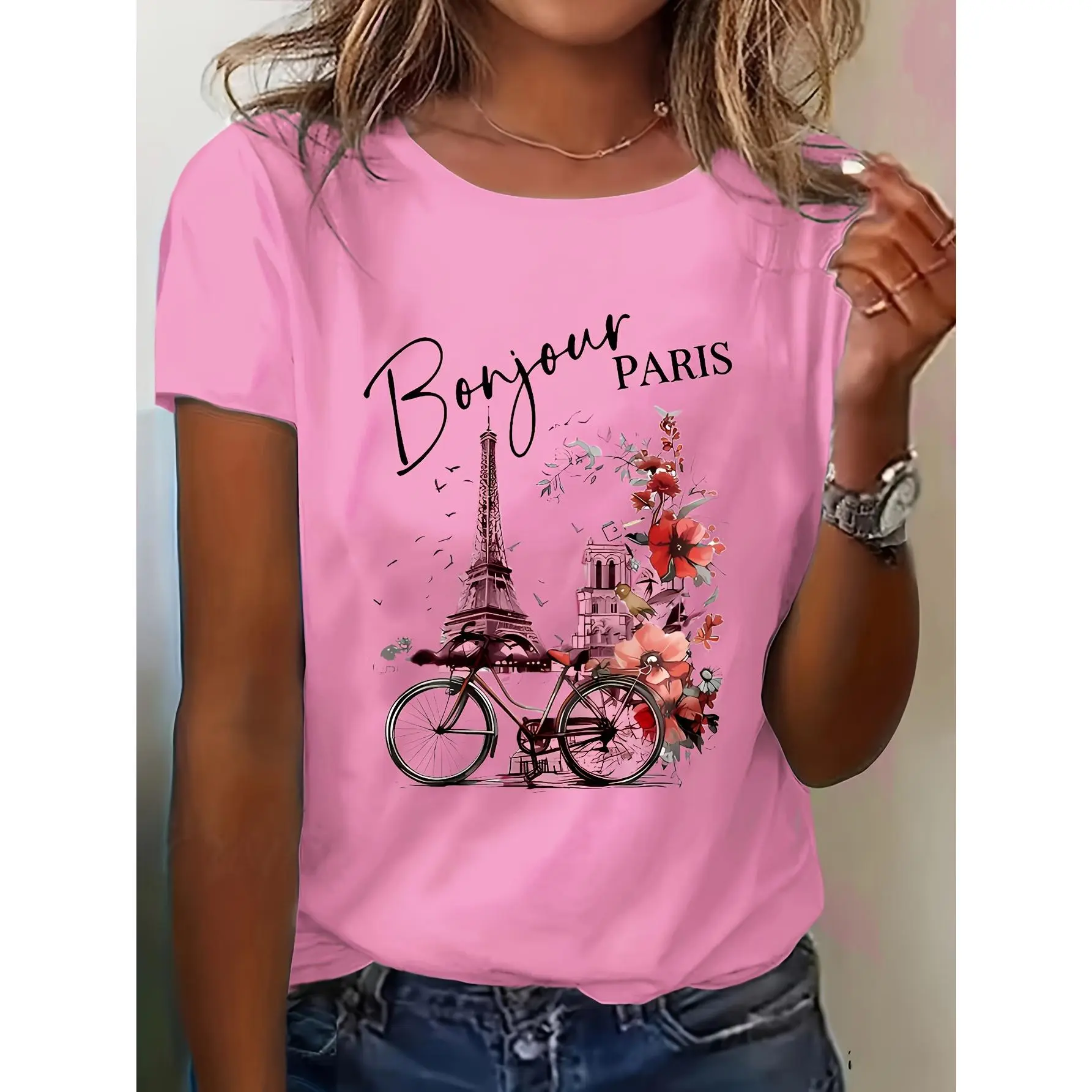 Sporty Sports Top - Summer Fashion Paris Print Short-Sleeve T-Shirt, Smooth Knit Fabric, Comfortable Regular Fit, Round Neck Casual Sportswear, Sporty Sports Tops