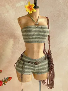Meghana 2pcs/Set Women's Halter Striped Top & Super Short Shorts Summer, Elegant Casual Vacation Knit Two Piece Set