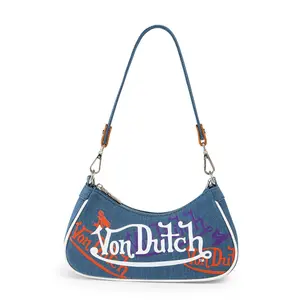 Von Dutch Womens Graphic Shoulder Bag – Stylish Handbag with Adjustable Strap, Spacious Interior, and Iconic Logo Design (Orange and Purple Multi-Logo Denim)