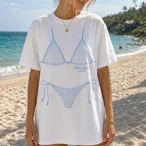 Blue-and-white striped bikini with a fresh vacation style Unisex Plus Size Summer Graphic Tees Personalized Pattern Y2k Clothing Round Neck Short-Sleeved Cotton T-Shirt, Women's Clothing 100% Cotton, Menswear, Top, Vintage Style, Casual Oversized