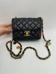 Pre-owned CHANEL 23C Enamel Badge Square Flap Crossbody Bag, Chip Version Size: 16 × 12 cm