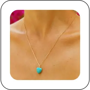 Boho Heart Pendant Necklace - Gold Turquoise Choker - Vintage Blue Gemstone Jewelry for Women