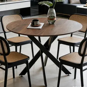 42.1"BLACK AND WOOD COLOR Table Mid-century Dining Table for 4-6 people With Round Mdf Table Top, Pedestal Dining Table, End Table Leisure Coffee Table,cross leg