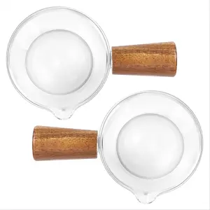 2PCS Transparent Glass Creamer with Wooden Handle, Mini Coffee Milk Creamer Pitcher. 50Ml for Christmas New Year Home Use