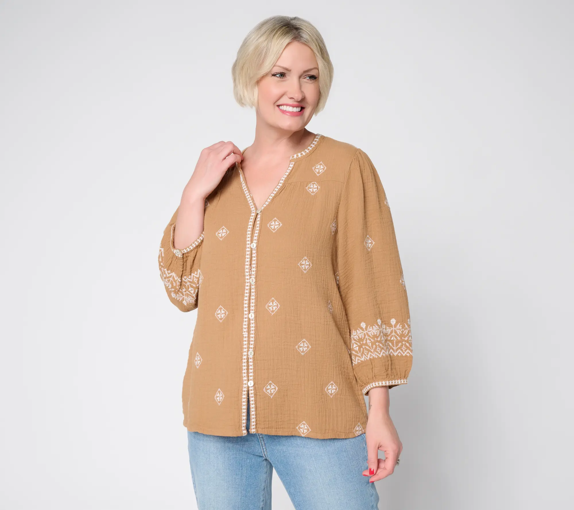 Ree by the Pioneer Woman Split Neck Embroidered Peasant Blouse