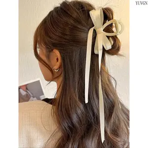 2PCS Elegant Bowknot Long Tail Hair Claw Clip, Kawaii Solid Color Jaw Clips, Fashion Non Slip Hair Accessories for Women Girls Daily Hairstyle