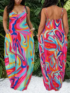 Plus Size Retro Swirl Print Maxi Dress - Sleeveless Spaghetti Strap Summer Beach Dress