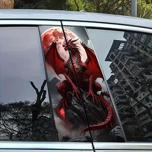 A Pair of Red Dragon Cartoon PVC B-Pillar Stickers, Self-Adhesive, Waterproof And Scratch-Resistant, Suitable for Glass, Metal, Plastic, Ceramic, And Wood Surfaces - Car Stickers with an Anime Fantasy Animal Space Cartoon Theme, Rectangular, Semi-Matte Fi