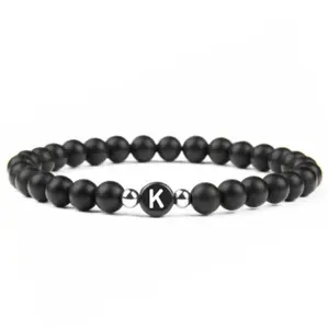 6MM frosted agate letter bracelet beaded elastic rope 26 letters personalized couple jewelry, valentines gifts, free shipping only. Gold Plated Hypoallergenic