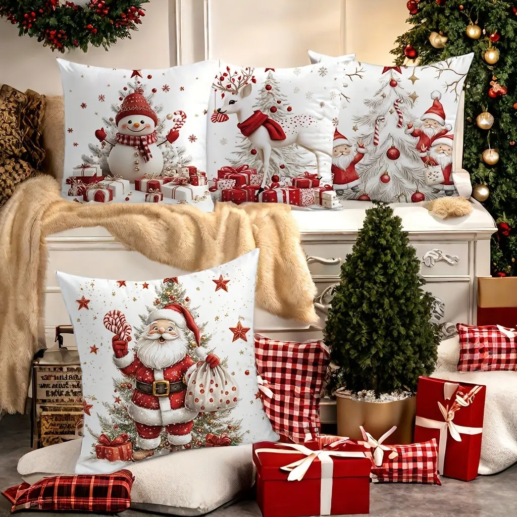 Set of 4 Christmas Throw Pillow Covers, Contemporary Polyester Decorative Pillowcases with Zipper Closure, 17.72" - Printed Festive Snowman, Reindeer, Santa, Gnome for Sofa, Living Room, Office Decor - Washable, No Insert Tree christmas home decor