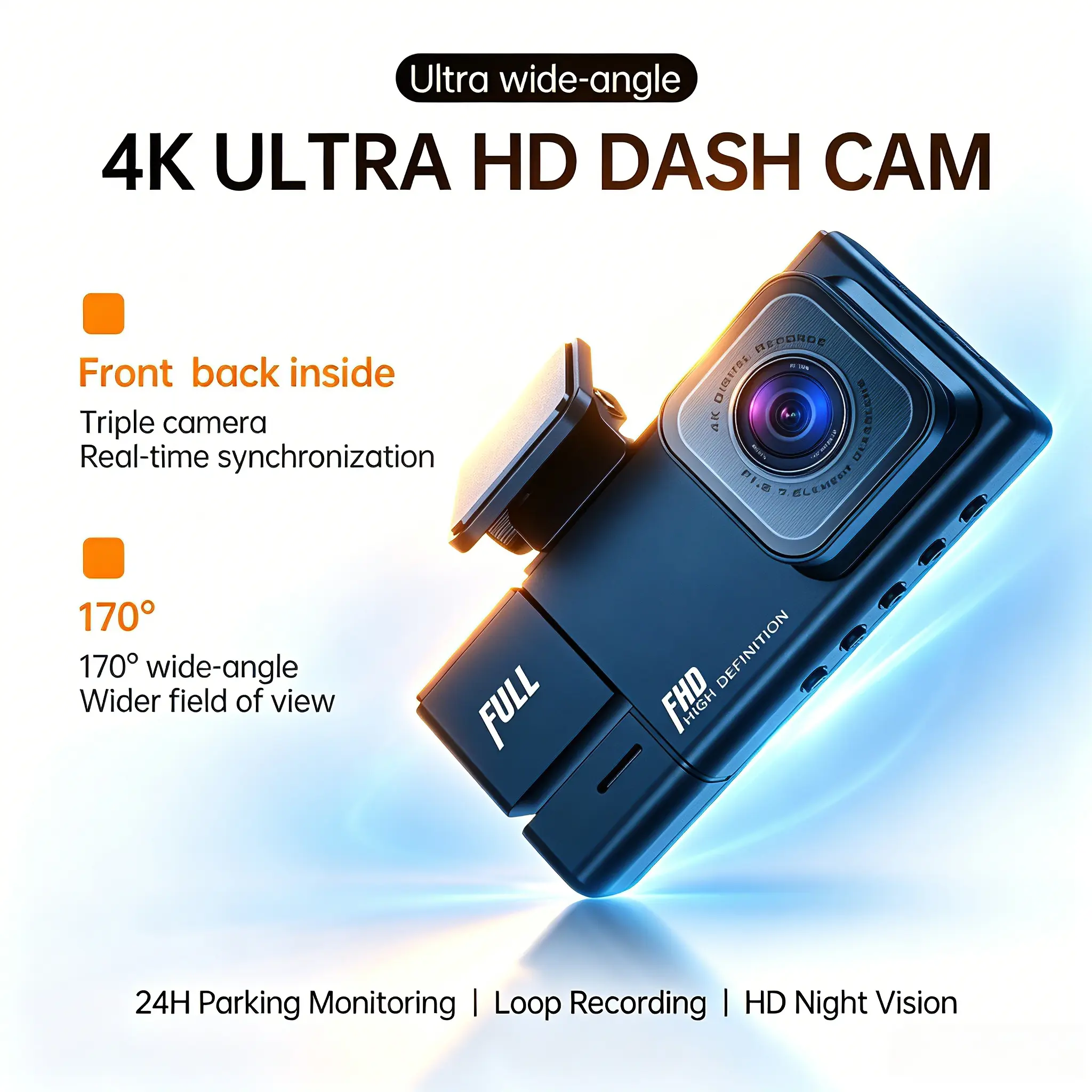 1080P Dash Cam Front Rear Interior Triple Lens Car Camera 2160P Night Vision 24H Parking Surveillance APP Remote View WDR Super Wide Angle Video Recorder