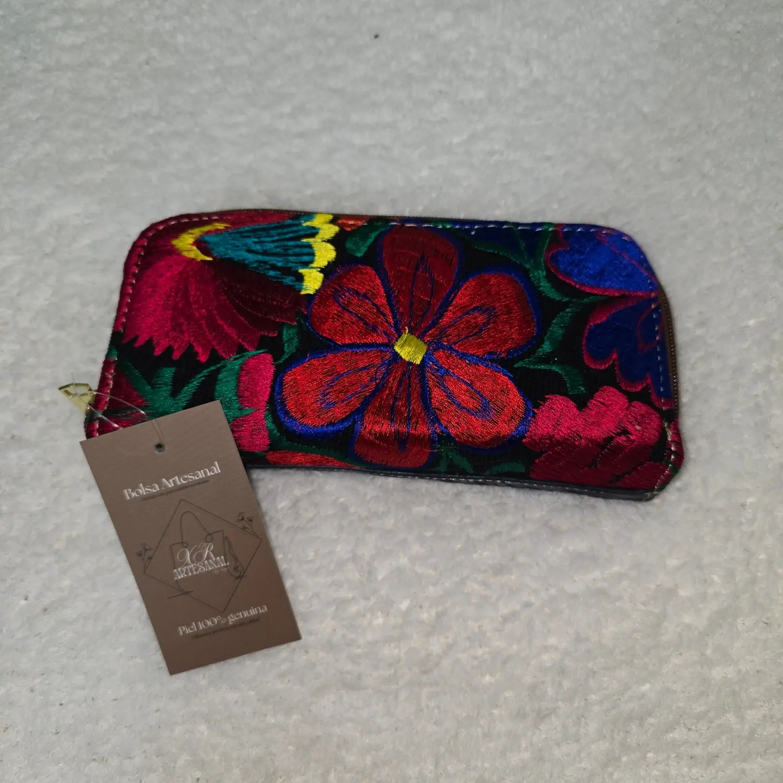 Handmade Mexican Black Embossed Leather Wallet with Floral Embroidery