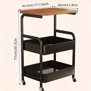 Three-tier Metal Utility Cart, Metal Storage Rack, Rolling Cart with Wooden Tabletop, Multifunctional Storage Rack with Wheels, Durable Steel Frame, Suitable for Kitchen, Office, Bedroom, Living Room
