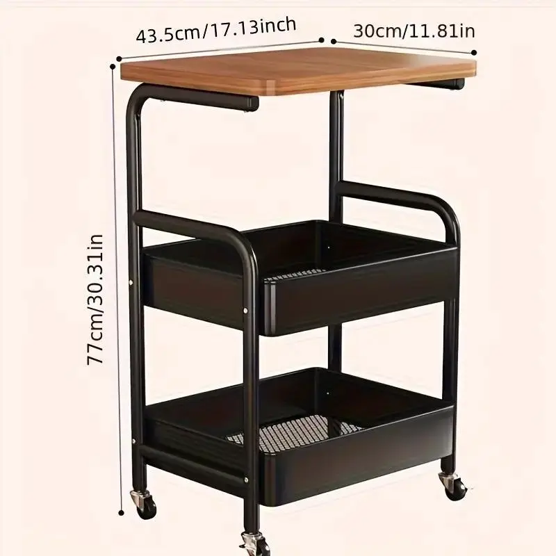 Three-tier Metal Utility Cart, Metal Storage Rack, Rolling Cart with Wooden Tabletop, Multifunctional Storage Rack with Wheels, Durable Steel Frame, Suitable for Kitchen, Office, Bedroom, Living Room