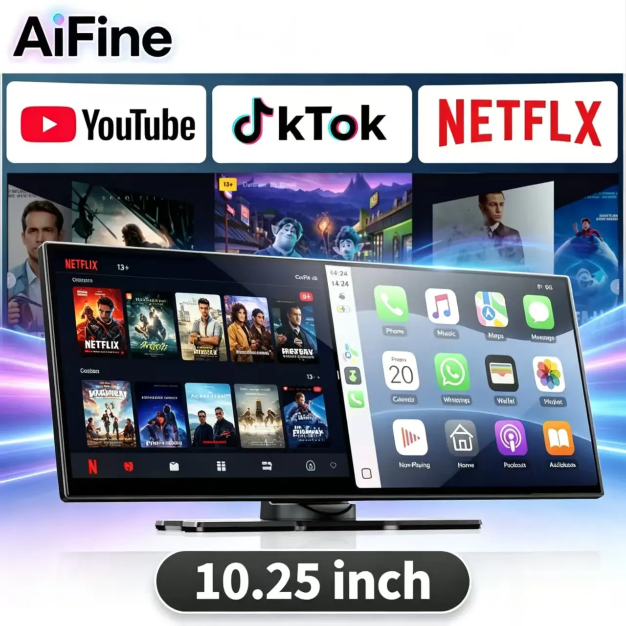 【SummerFinds】AiFine 10.25-inch Smart Car Display — features built-in Netflix, TikTok, and YouTube; supports split-screen mode; equipped with 1080P reversing camera, navigation, and voice assistant; compatible with iOS 10+ and Android 11+ devices.