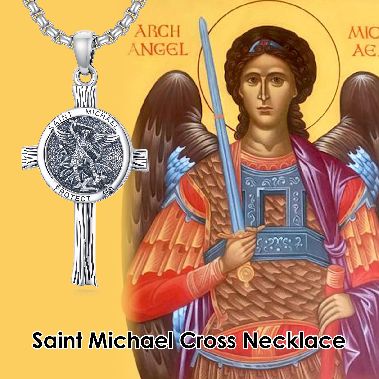 MEIDERBO Dream Chaser Saint Michael Cross Necklace for Men 925 Sterling Silver Oxidized Finish Archangel Protector Pendant Captain Steel Style Stainless Steel Bead Chain 22+2 Inch