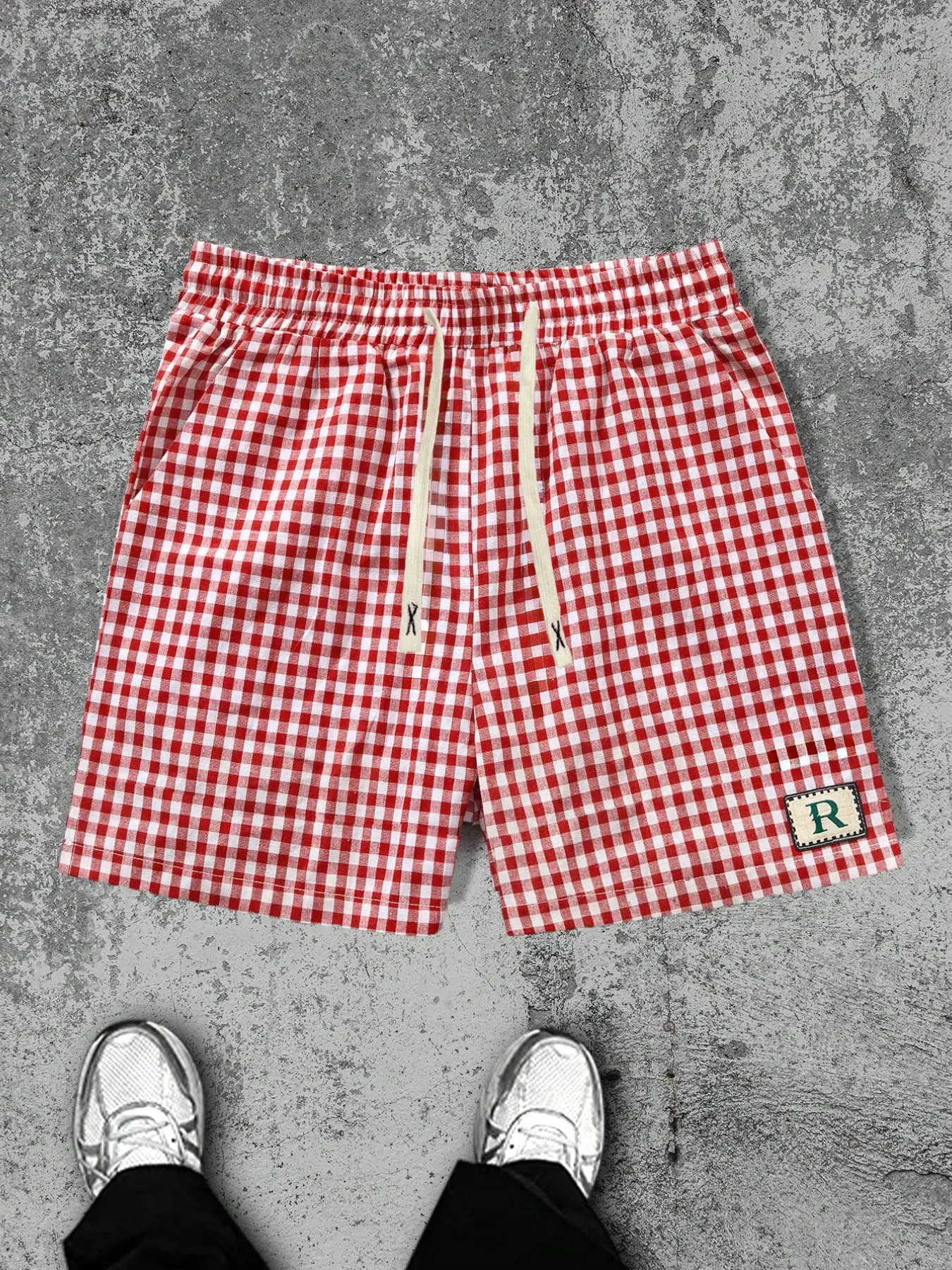 Unisex Red Gingham Check Shorts, Chic Casual Shorts, R Patch Casual Drawstring Waist Shorts, Preppy Streetwear, Summer Beach & Vacation Outfit, Daily Wear, Retro Y2K Fashion, Perfect Gift for Him & Her, Graphic Checkered