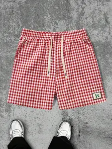 Unisex Red Gingham Check Shorts, R Patch Casual Drawstring Shorts, Casual Sport Shorts, Preppy Streetwear, Summer Beach & Vacation Outfit, Daily Wear, Retro Y2K Fashion, Perfect Gift for Him & Her