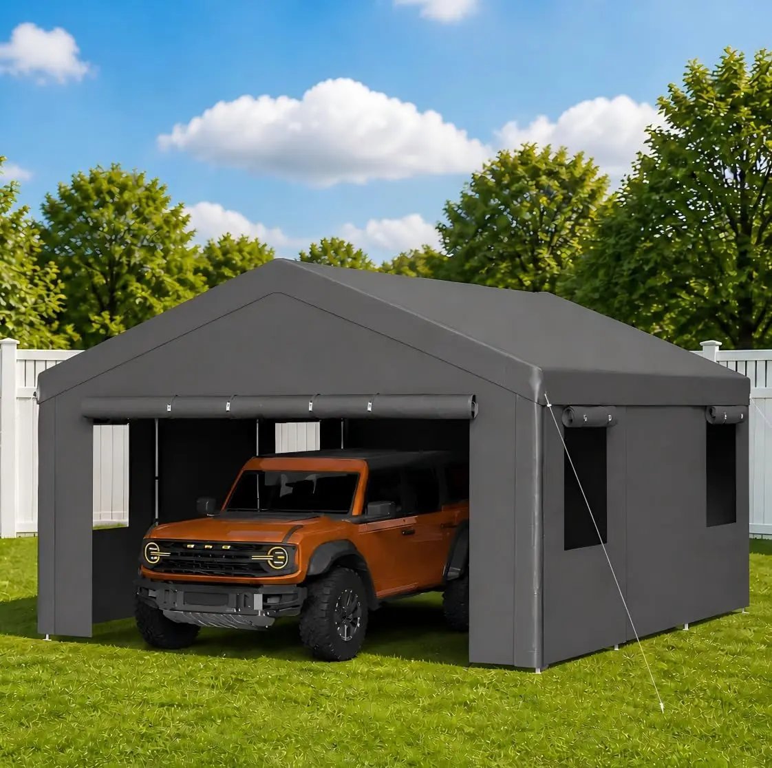 Aoxun Heavy Duty Portable Outdoor Car Canopy Garage (10'x20 / 12'x20 Ft, Grey) with Roll-Up Windows, Removable Sidewalls & Doors, All-Weather Waterproof UV-Resistant Tarp Shelter for Car, Boat, Lawn Equipment