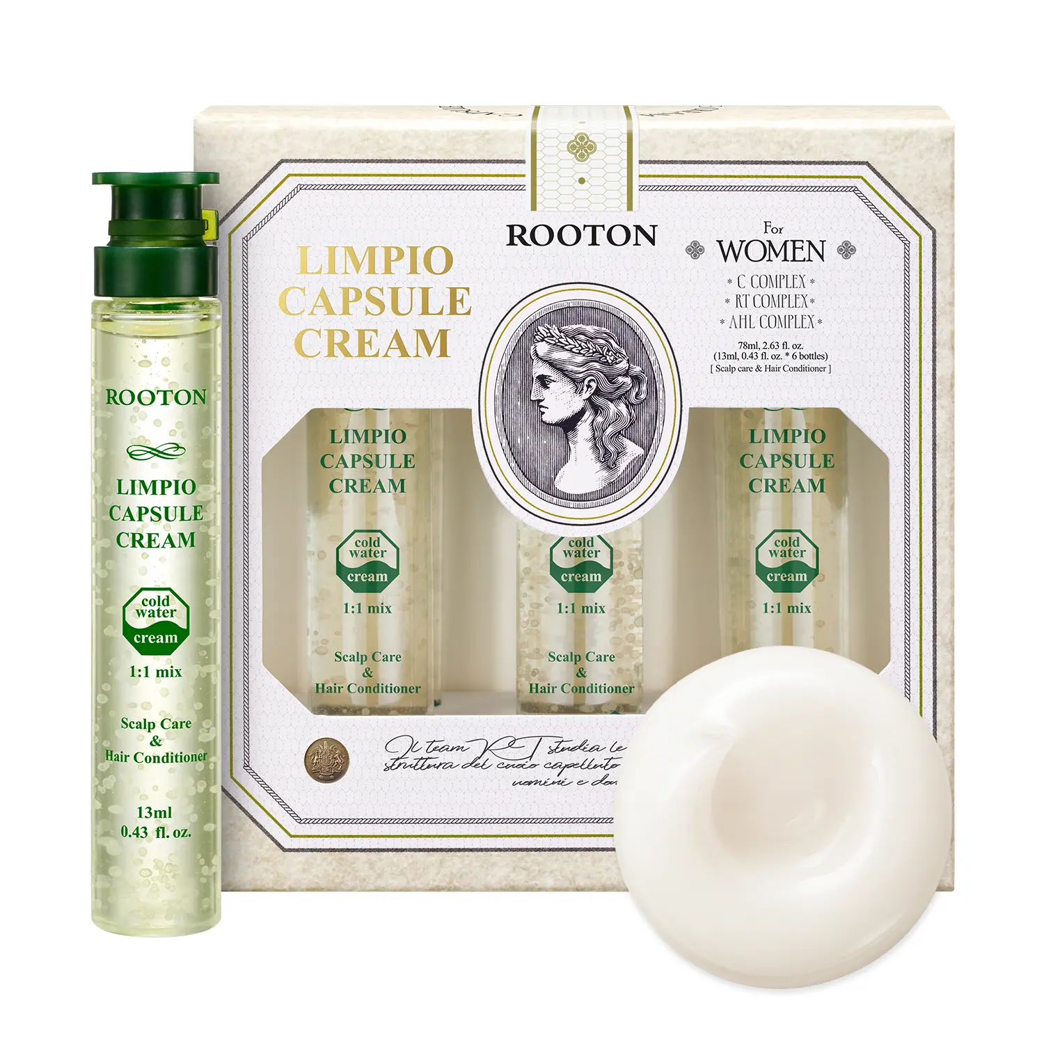 [ROOTON Official Store] Limpio Capsule Cream 0.44 fl.oz × 6 (13 ml × 6ea) – Women Salon-Level Home Treatment Protein Capsule Cream for Cortex & Cuticle Repair, Shine & Elasticity with RT-Complex & C-Complex