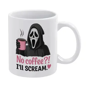 Scream Ghostface Coffee Mug - No Coffee I’ll Scream Funny Horror Ceramic Cup - Spooky Halloween Gift for Scary Movie Fans