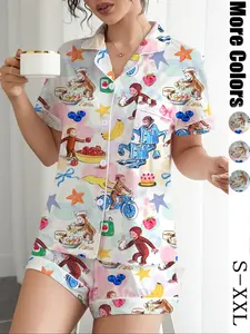 Women's Casual Cartoon Monkey Print Pajama Set, Short Sleeve Lapel Cardigan & Elastic Shorts, Comfortable Home Wear for Spring Fall, Casual Sleepwear Set
