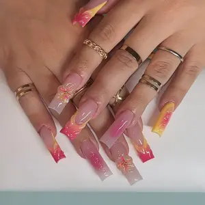 24pcs Square Long Gradient Nail Tips, Sweet Flower Stripe Design, Textured Fake Nails with File & Jelly Glue, Perfect for Parties