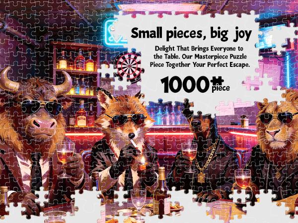 Jigsaw Puzzles for Adults 1000 Pieces, Neon Bar Animals in Suits Vintage Pop Art Jigsaw with Fox, Lion, Bull & Dog in Shades, 28x20 Inch Cool Wall Art