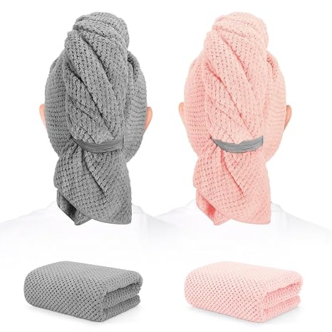 2 Pack Microfiber Hair Towel Wrap for Women – Super Absorbent Fast Drying Anti-Frizz Hair Turban with Elastic Strap – Soft Quick Dry Towel for Long Thick Curly Hair (41x24 in)