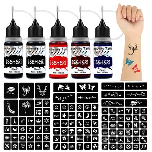 Temporary Tattoo Kit 5 Bottles Color Inks,115 Pcs Stencils Kit for Body Paint DIY Fake Tattoos for Kids(black*2, brown, red, cyan)