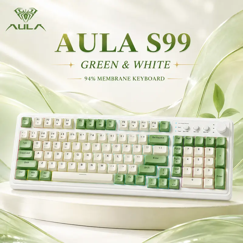 AULA S99 Full-Size Tri-Mode Gaming Keyboard (Bluetooth/2.4GHz/USB-C), RGB Backlit, Media Knob, Mechanical Feel, Fixed Non-Replaceable Keycaps & Switches, Retro Colors, Ergonomics Design, PC Accessories for Gaming, Compatible with PC, Mac, Xbox, Keyboard F