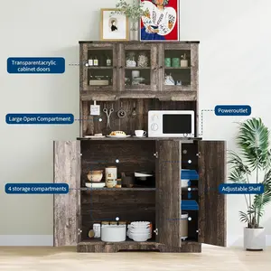 71in Tall Kitchen Pantry Cabinet with Charging Station-Farmhouse Kitchen Hutch Cabinet with Open Countertop-Coffee Bar Food Pantry Cupboard for Living Dining Room Brown