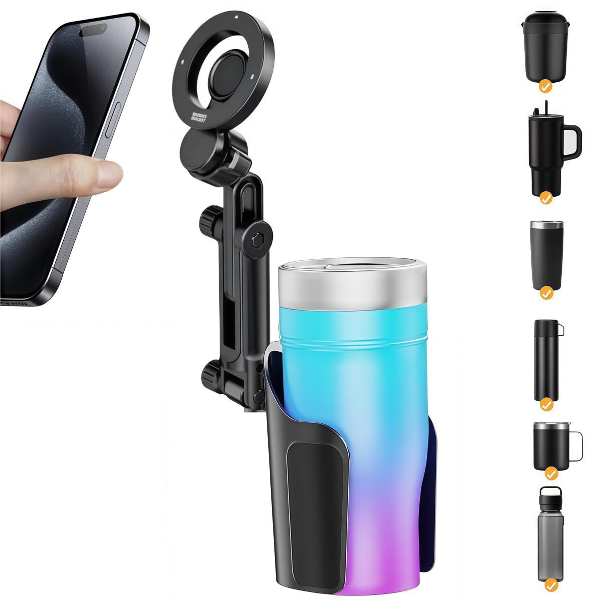 2026 Upgraded 2 in 1 Car Cup Holder Expander with Phone Mount, Adjustable Base & 360° Rotation, Universal Cup Holder Cell Phone Holder for Car, Compatible with iPhone Samsung All Smartphones, Stable Drink Bottle Holder for Most Vehicles