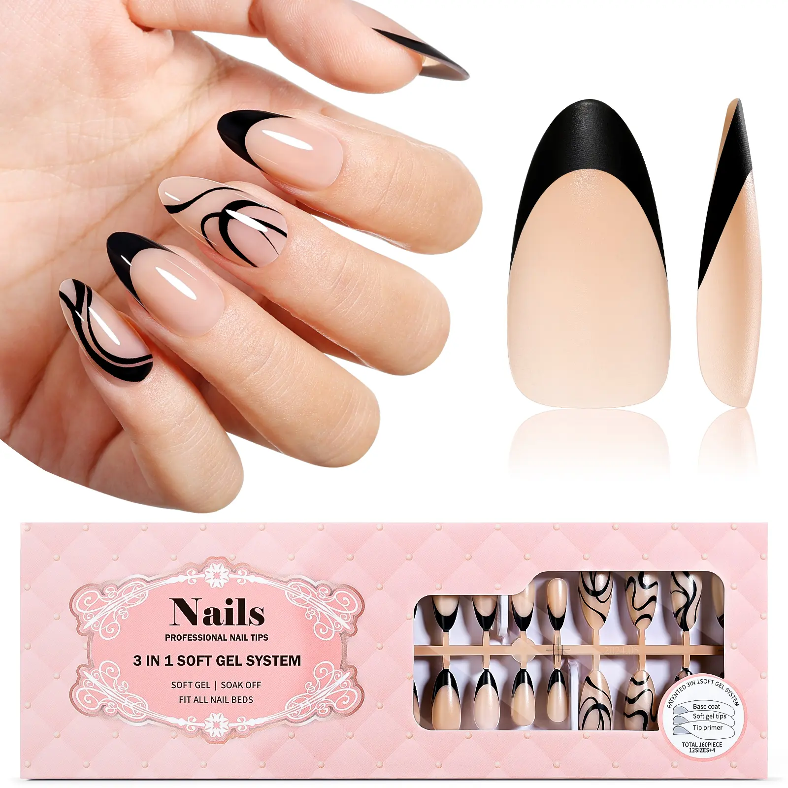 Gellen French Gel Nails – Soft Almond French Tip Press-On Nails with Black Swirl Design (160 Pcs, 12 Sizes)