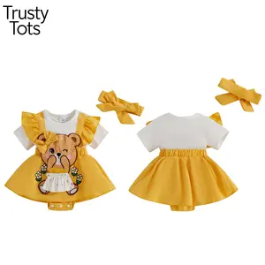 Trusty Tots  Baby Girls Summer Romper Dress Flying Sleeve Cartoon Doll Flower Embroidery Romper with Headband Romper Short Sleeve Print Patchwork Bodysuit with Bow Headband Set