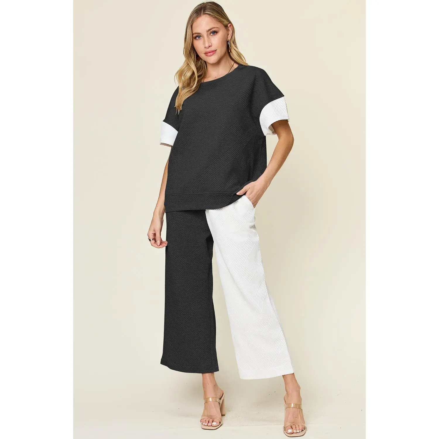 Double Take Full Size Texture Contrast T-Shirt and Wide Leg Pants Set