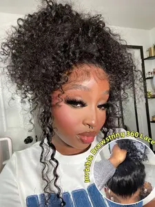 Invisible Drawstring 360 Full Lace Wig Long Kinky Curly Human Hair Wigs Adjustable Strap Transparent Lace Frontal Wig, Lace Glueless Wig, Pre-Plucked With Baby Hair Natural Black 18-36 Inch For Women Christmas Gift New Year Party Wig