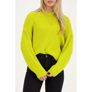 Neon Lime Knit Sweater - Cozy Oversized Fit Soft Chunky Knit Texture Crew Neckline Ribbed Cuffs Hem Casual Trendy Look