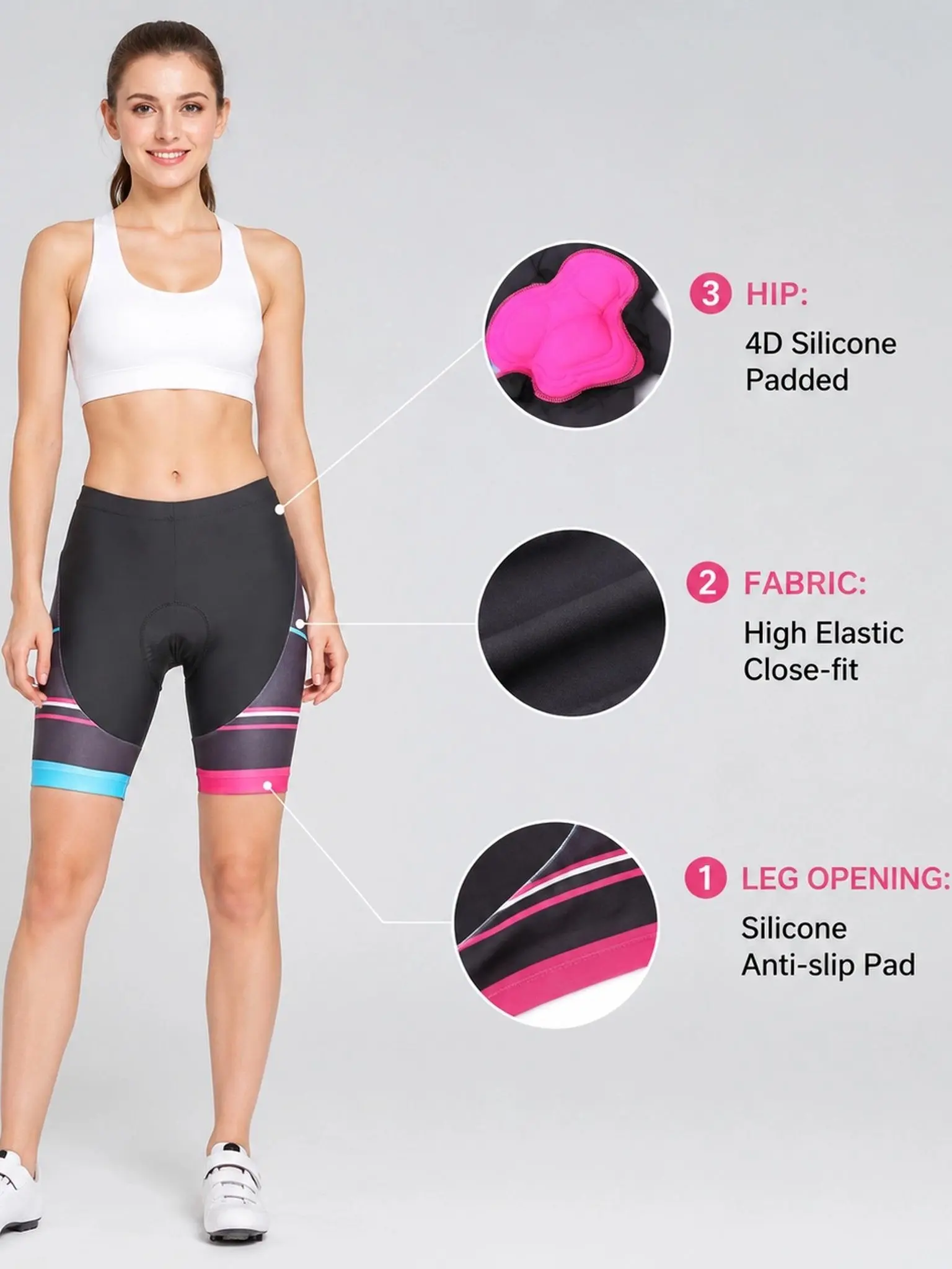Women’s cycling shorts—essential for riding—with stretchy fabric, breathable sweat-wicking quick-dry material, an elastic pressure-relief breathable seat cushion design, and reflective stripes on the back; suitable for road cycling, mountain biking