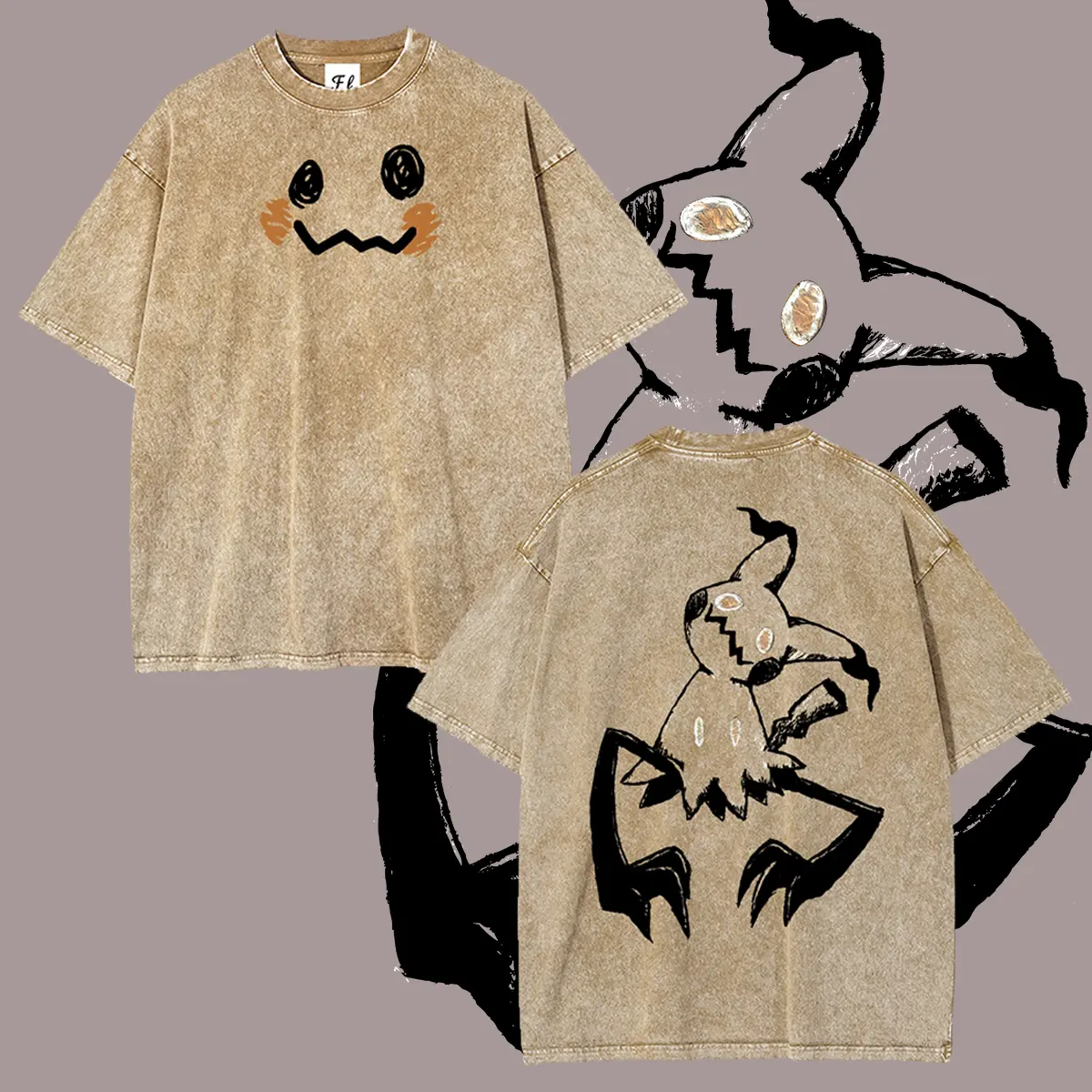 "Monsters" Retro Vintage Graphic Tee, Unisex Oversized Batik Cotton Mimikyu T-Shirt for Men, Super Soft Pre-Shrunk Male Clothing, Casual Streetwear, Mens Gifts