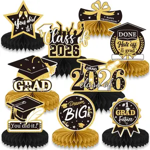 9PCS Black Graduation Party Decorations Class of 2026 Congrats Grad Honeycomb Centerpieces Black Congratulate Table Toppers for Party Favor Supplies