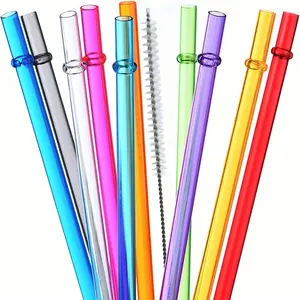 10 Pieces Reusable Hard Plastic Transparent Rainbow Straws with Brush, 9.45 Inches Long, Colorful Drinking Straws for 20oz 30oz Tumblers, BPA Free