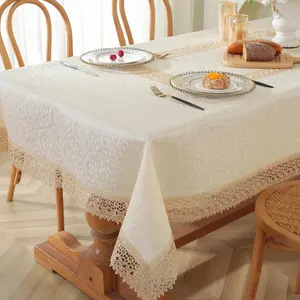 Solid Color Lace Trim Tablecloth, 1 Count Exquisite Tablecloth, Table Decoration Supplies for Home Kitchen Dining Room Wedding Party, Washable Table Cover