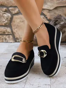 Women's Chain Decorated Thick Sole Loafers, Solid Color Round Toe Mid Heel, Versatile Slip-On Loafers, Comfortable Casual Commuter Shoes