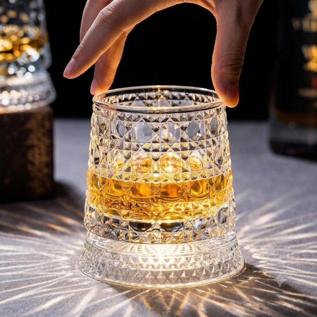Luxury 360° Spinning Crystal Glass with LED Light Base – Illuminated Star-Cut Stress Relief Whiskey & Wine Glass,  Elegant European Barware Gifts for Men Husband Dad，Rotating Glass Cup Spinning Glass Cup